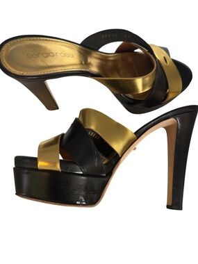 Sergio Rossi Black/Gold Leather Mule Woman’s High Shoes Size 38
